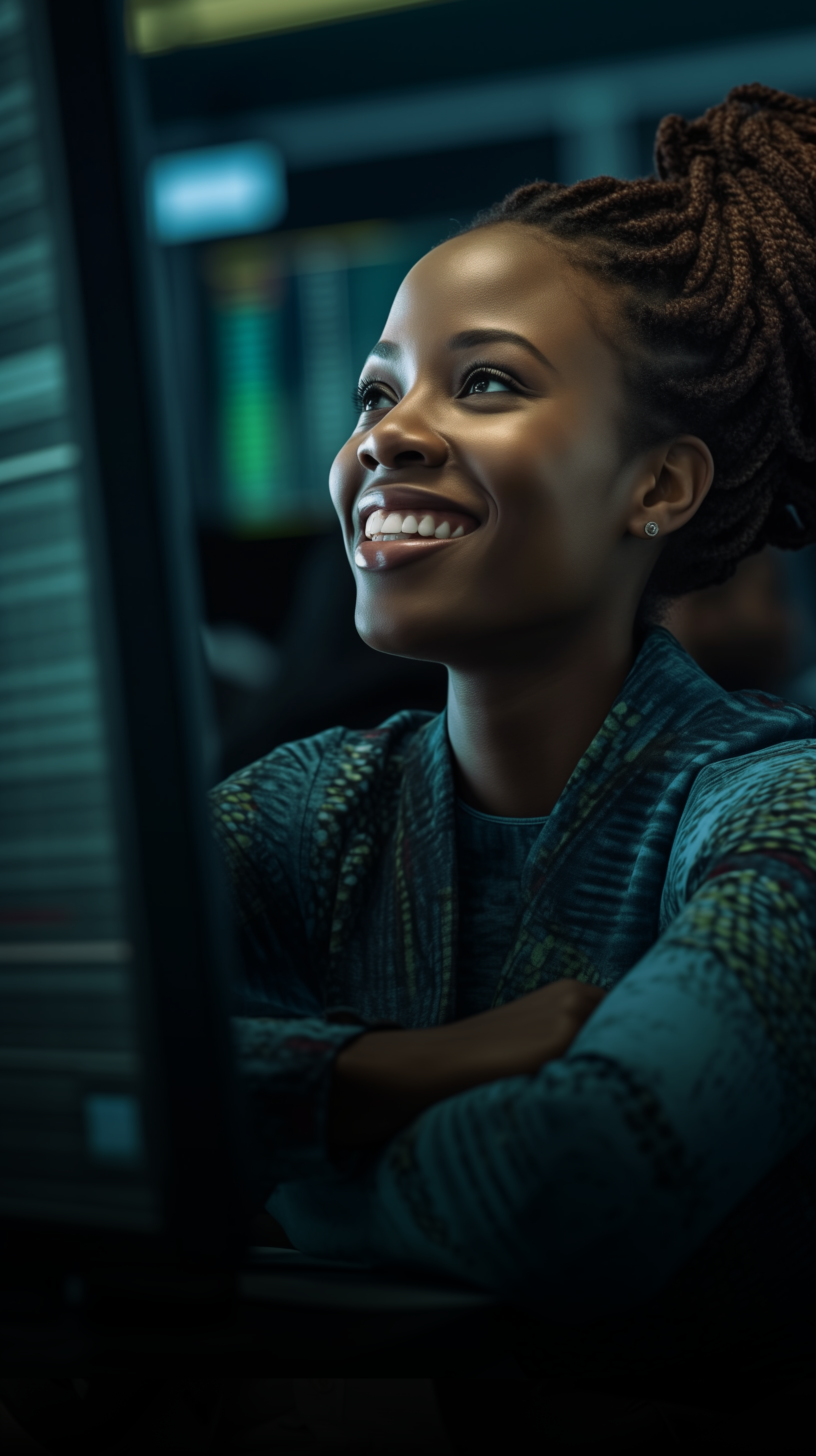 Uma mulher está sorrindo enquanto olha para a tela de um computador.