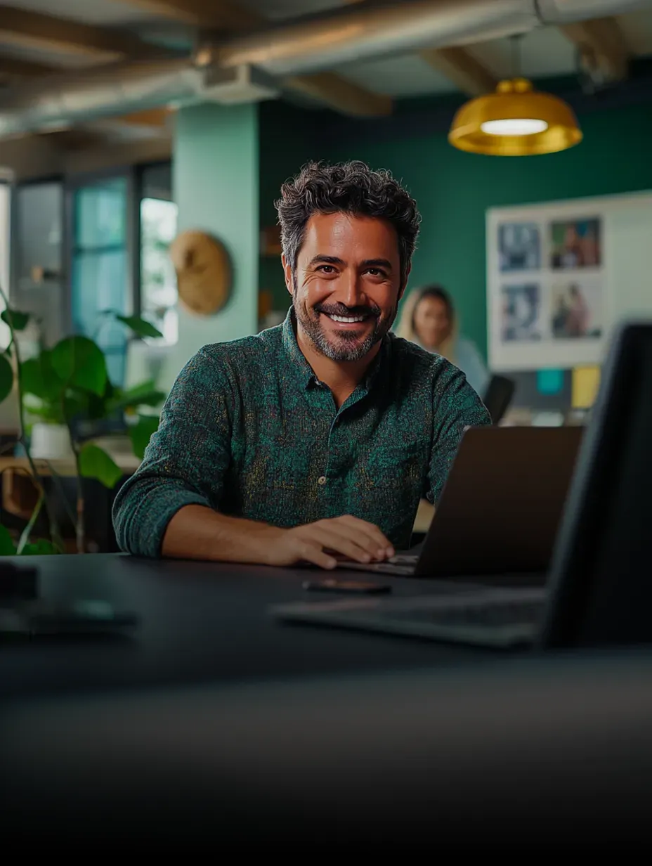 Um homem sorri enquanto digita em um laptop
