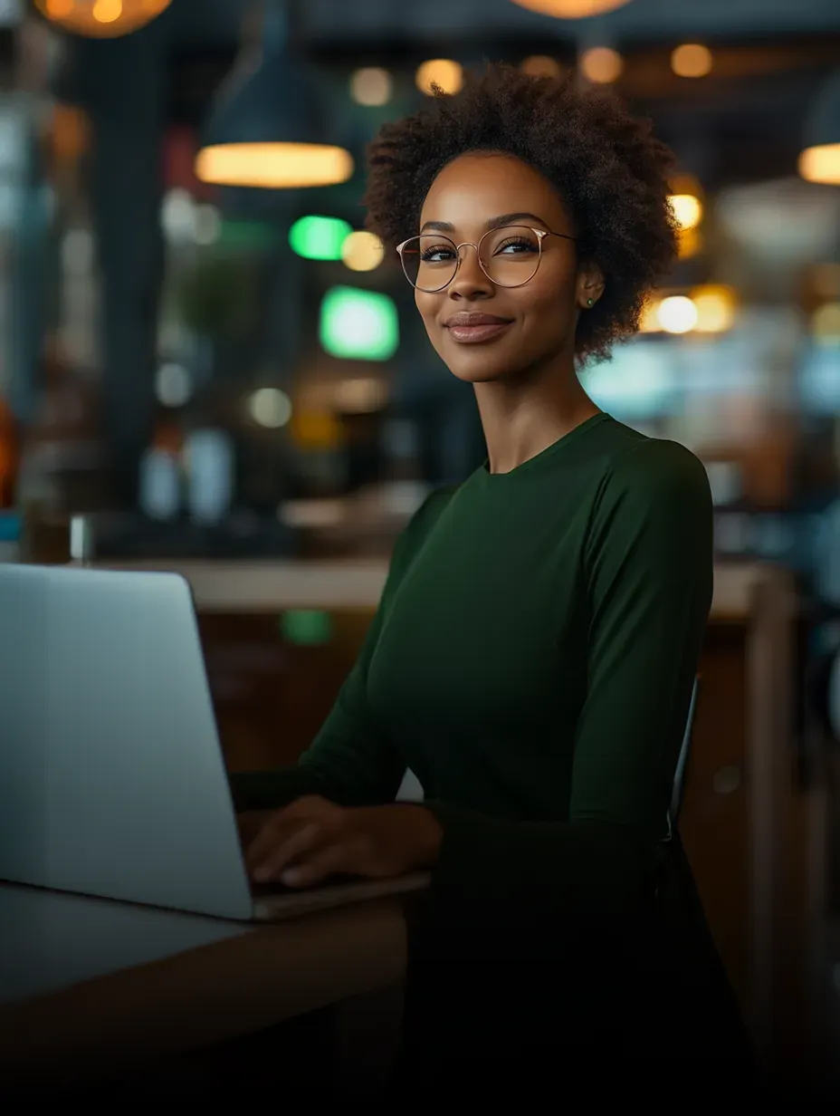 Uma mulher está olhando para o lado enquanto trabalha em um laptop
