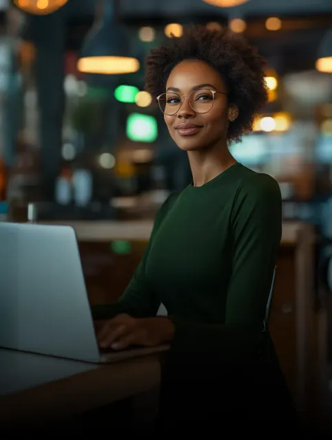 Uma mulher está olhando para o lado enquanto trabalha em um laptop