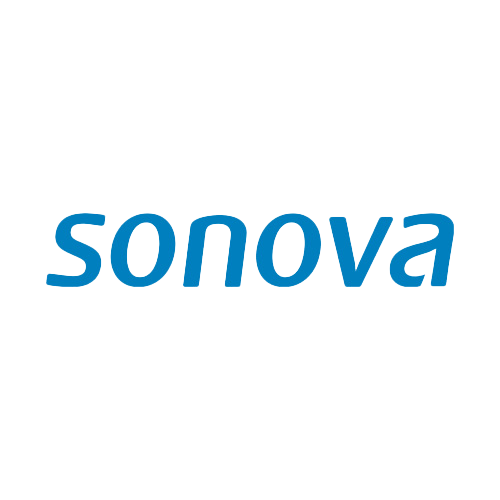 O logotipo da Sonova é azul e branco sobre fundo branco.