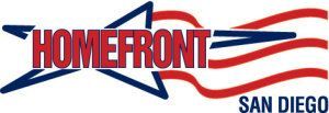 Logo for Homefront San Diego, with text in front of a blue star and red-and-white stripes.
