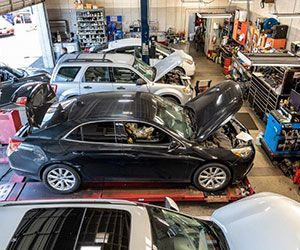 Cars in a busy auto repair shop, hoods open, on lifts, tools and equipment visible.