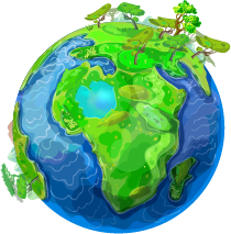 Cartoon globe of Earth, mostly green with trees, continents visible.