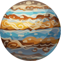 Cartoon Jupiter with swirling bands of orange, blue, and brown.