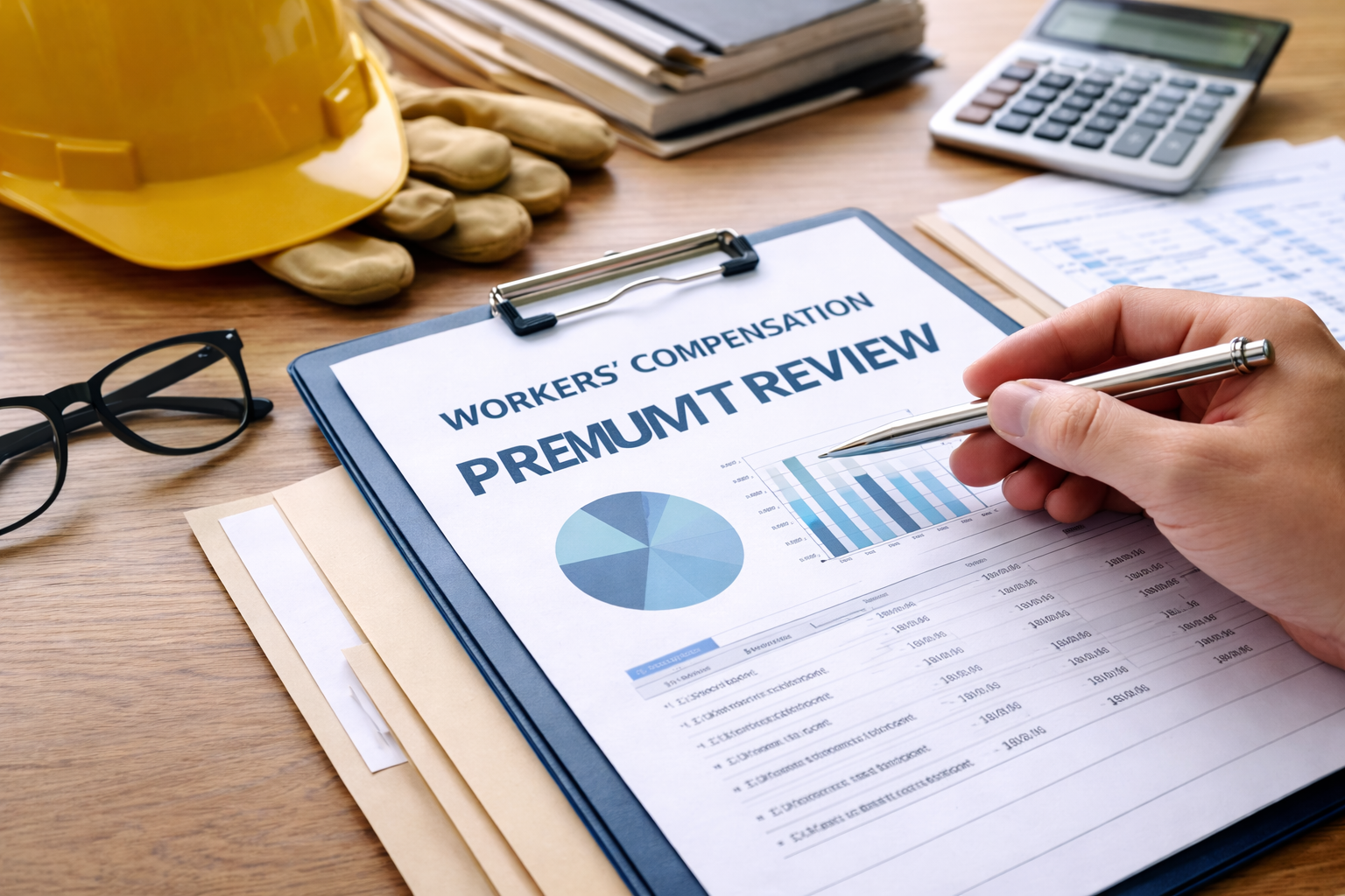 Person reviewing a workers' compensation premium review document with charts, pen, calculator, and work gear.