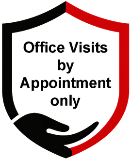 Shield sign reading “Office Visits by Appointment only” with red, black, and white design