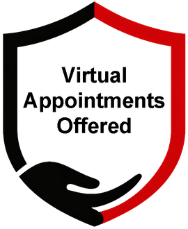 Black and red shield with hand icon and text “Virtual Appointments Offered”