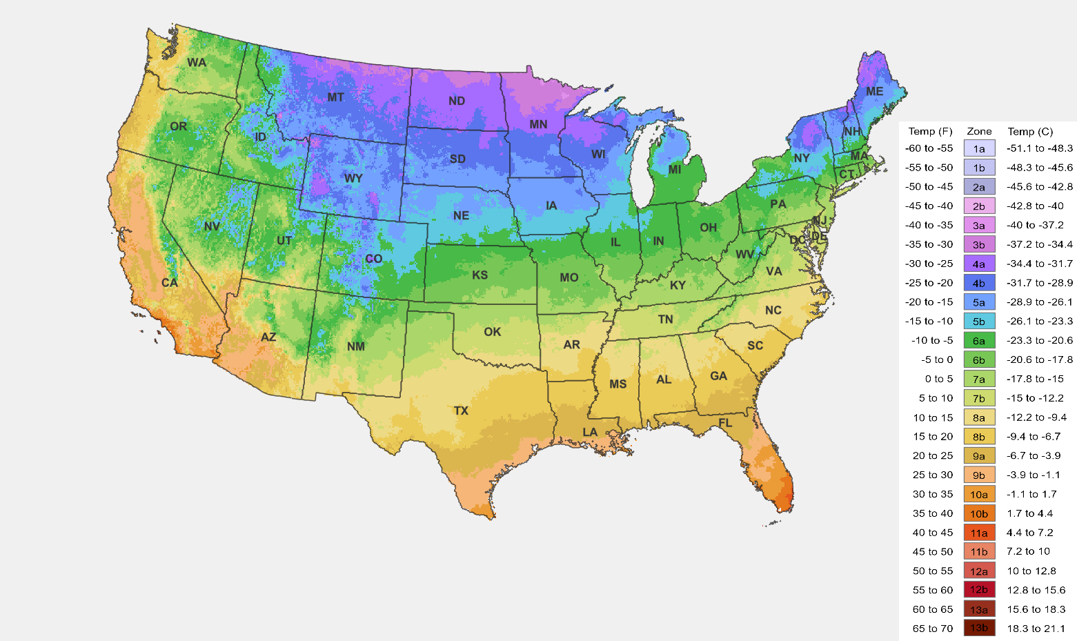 This image shows the Zone Map for the United States, this helps gardeners and arborists know when and where to plant.