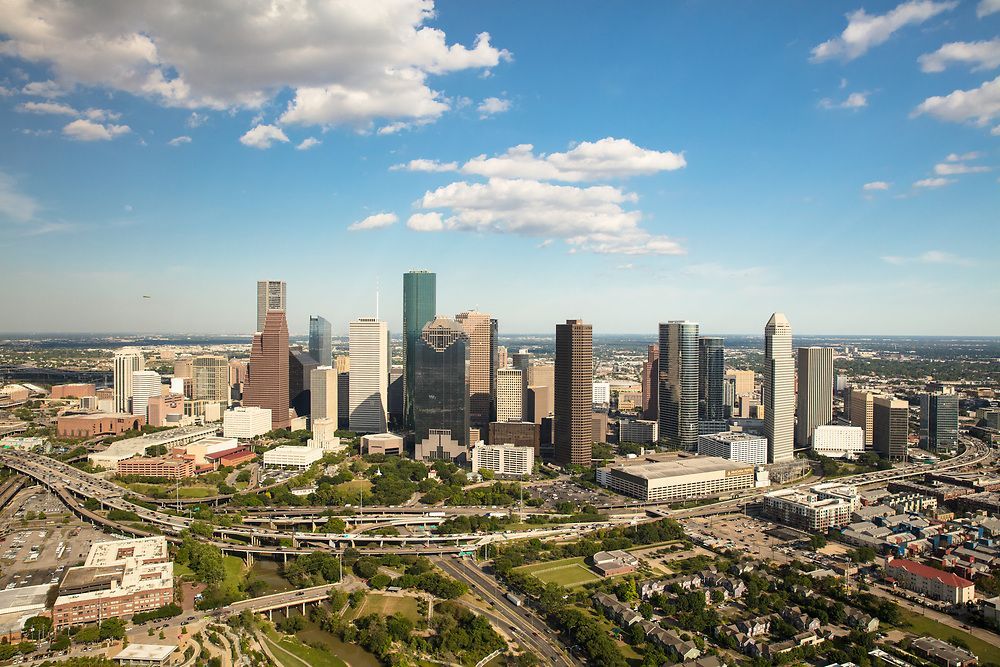 This image shows the Houston Texas skyline from an ariel view