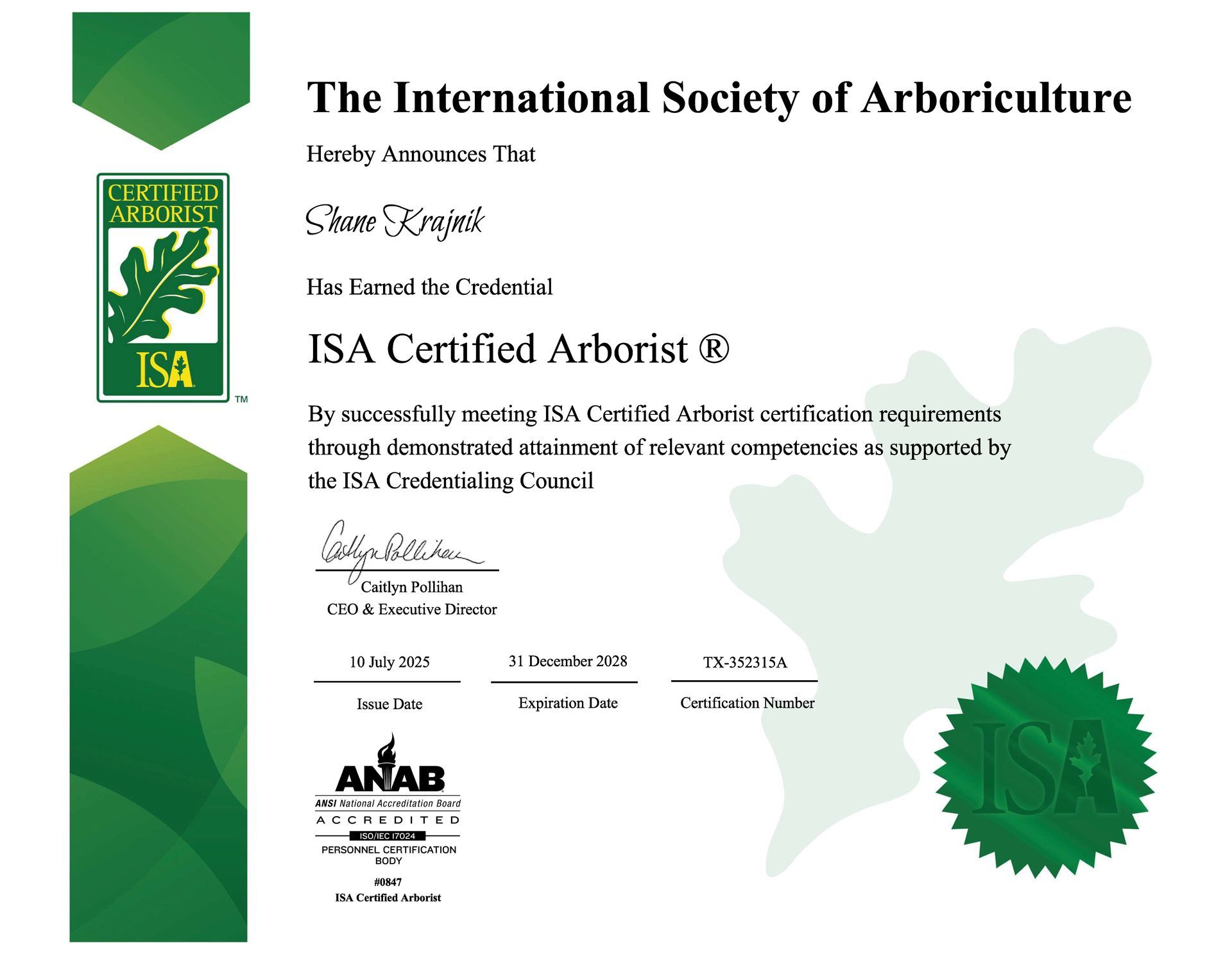 Shane Krajnik ISA Certification