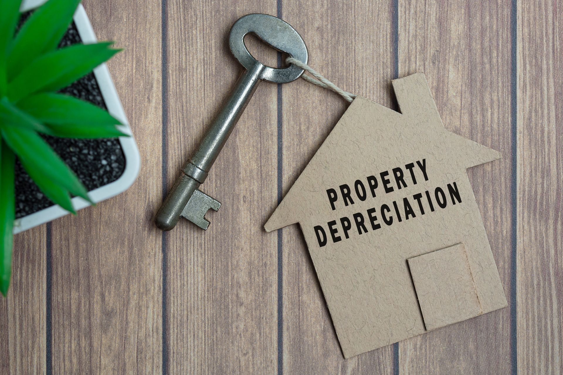 A house shaped keychain with the words `` property depreciation '' written on it.