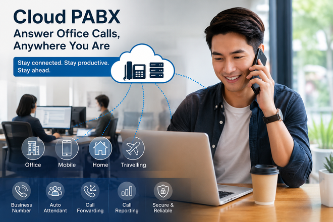 Cloud PBX dashboard on laptop in office
