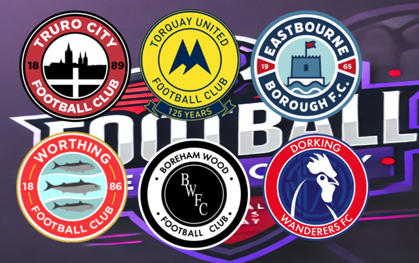 A collage of logos for different football clubs on a purple background
