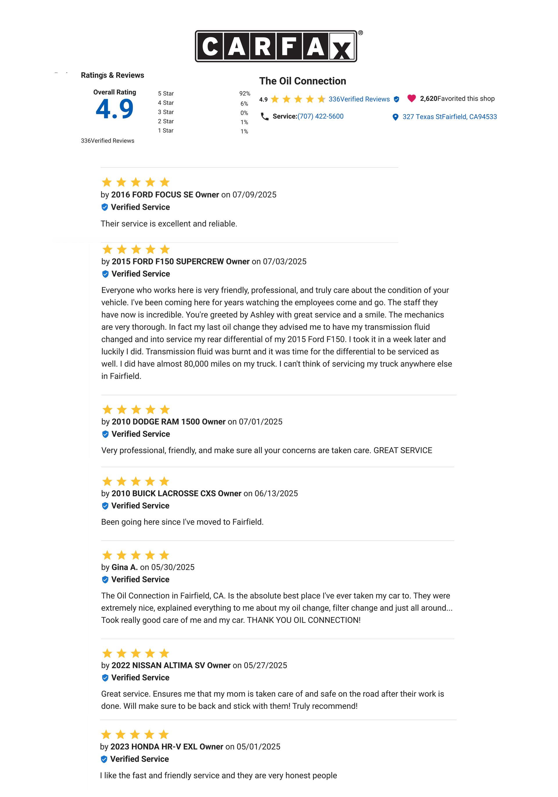 CARFAX report with customer reviews, rating 4.9 stars. Contains text of reviews.