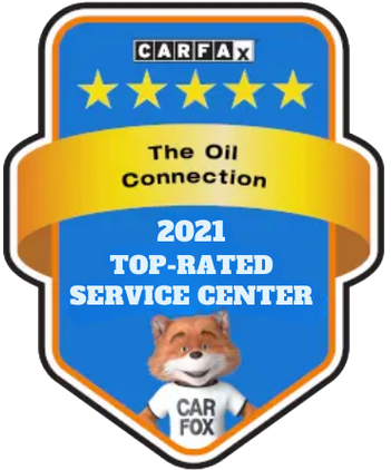 CARFAX 2021 Top-Rated Service Center award badge for The Oil Connection, featuring Car Fox mascot.