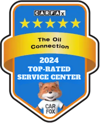 CARFAX Top-Rated Service Center badge for The Oil Connection with fox mascot. Blue, yellow, and white colors.