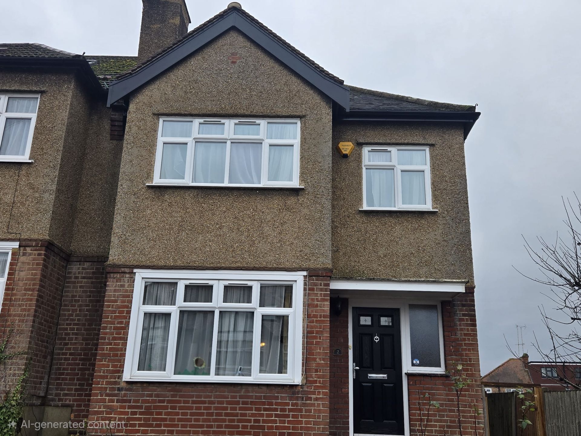 Two-story house with brown stucco and brick facade; white-framed windows; black front door.