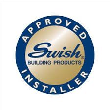 Swish Building Products Approved Installer logo: Blue circle, gold center with text.