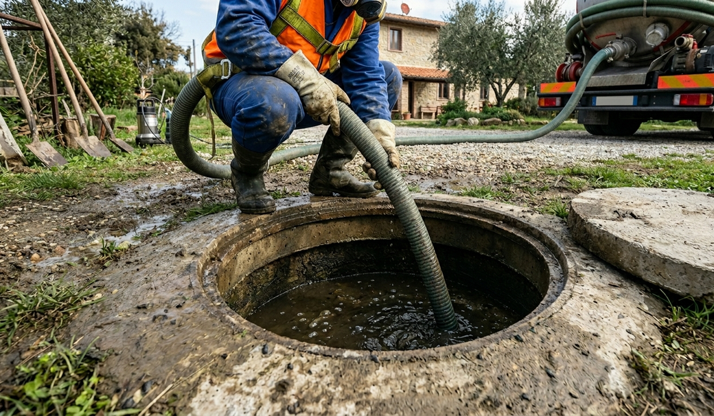 Operai che pompano acqua da un tombino fangoso in un cantiere stradale.