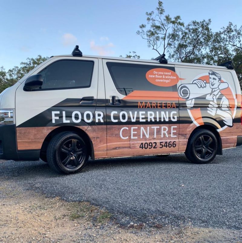 White van with floor covering company logo — Mareeba Floor Covering Centre in Mareeba, QLD