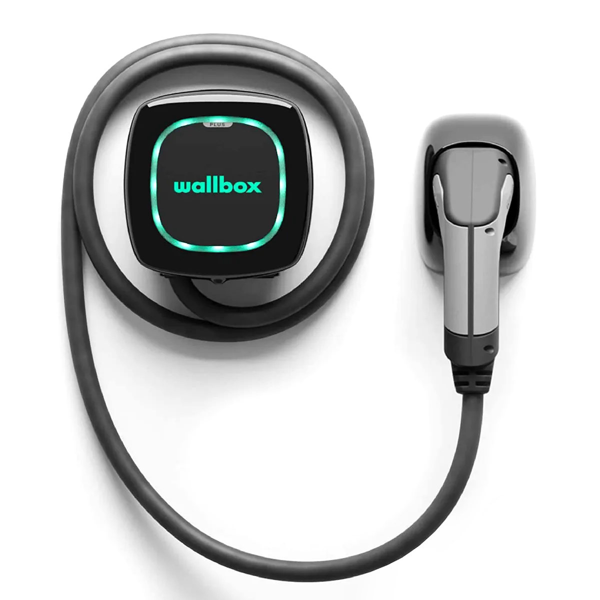 A black device with a green circle on it that says `` ev charge point ''.