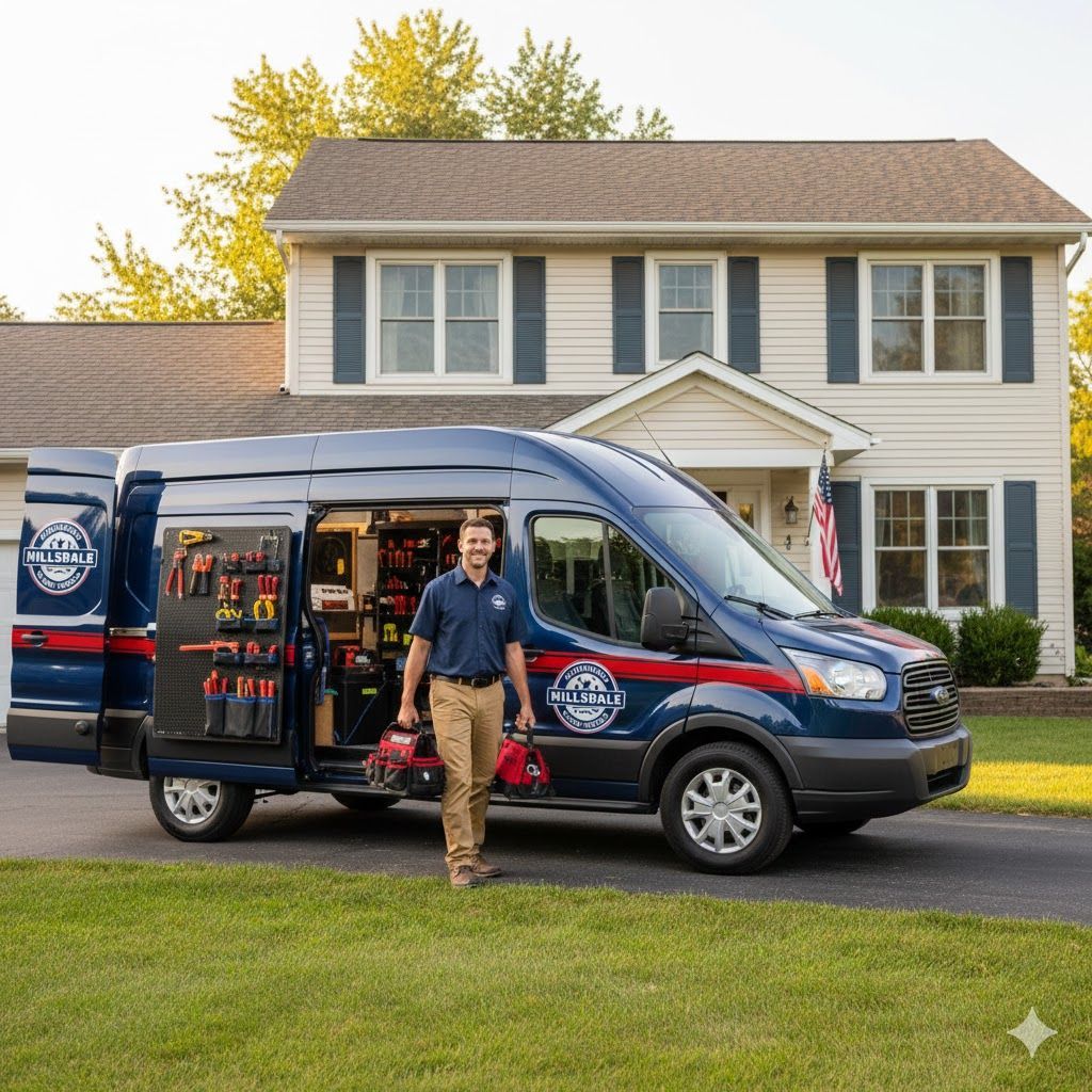 Man stands next to a blue van with open doors, displaying tools; in front of a house.