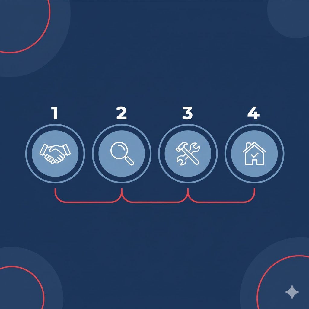 Four-step process: handshake, magnifying glass, wrench, and house icons, linked by a red line, on blue background.