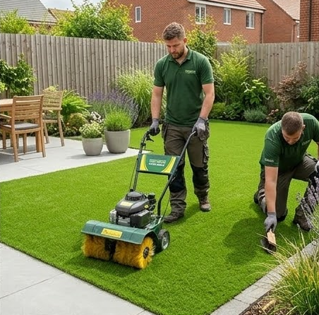 Landscapers installing synthetic lawn.