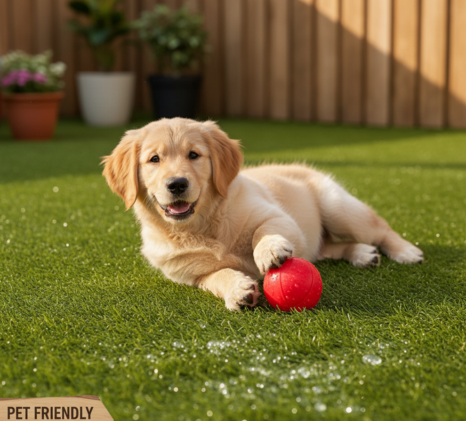Happy puppy on pet-friendly fake grass.