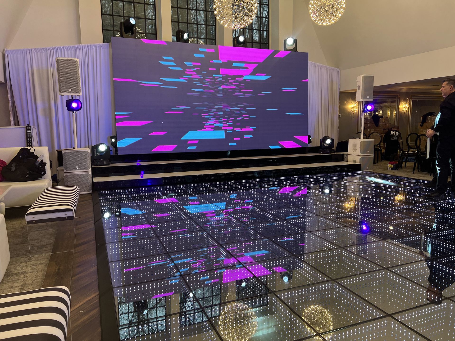 LED Video Wall and A large screen is behind a dance floor in a room.