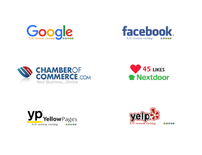 A collage of logos for google , facebook , chamber of commerce , yp , and yelp.