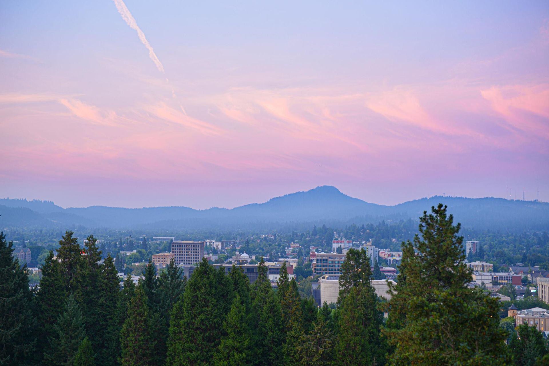 A sweeping view of downtown Eugene, Oregon, captured from the top of Skinner Butte at sunset. The city skyline peeks through a frame of evergreen trees, with the iconic silhouette of Spencer Butte in the distance under a sky painted with pastel pink and lavender clouds. The scene captures the natural beauty and urban charm of the Willamette Valley.
