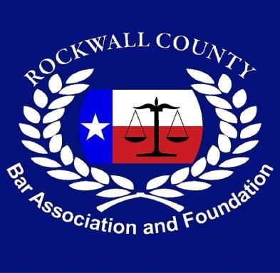 Rockwall County Bar Association logo with Texas flag, scales, and laurel wreath.