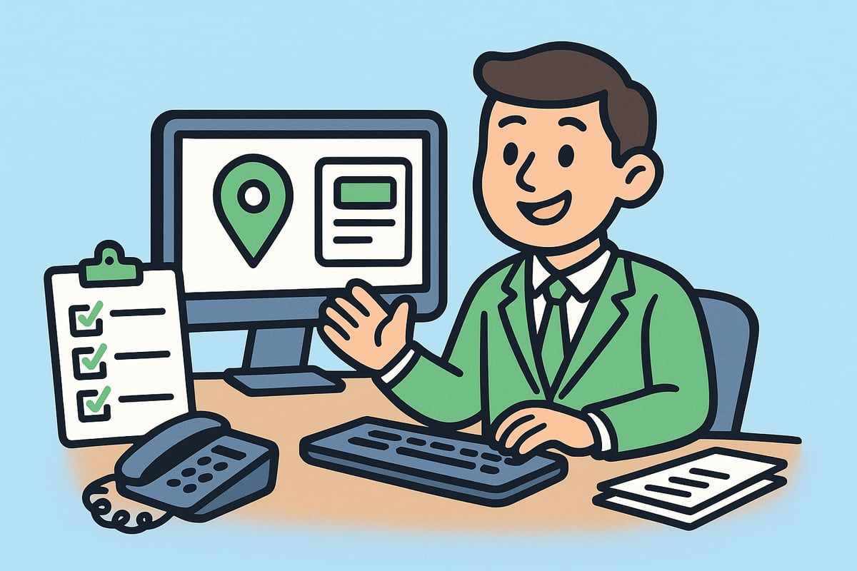 Office worker in green suit, waving. Computer screen shows map pin. Checklist, phone, and papers on desk.