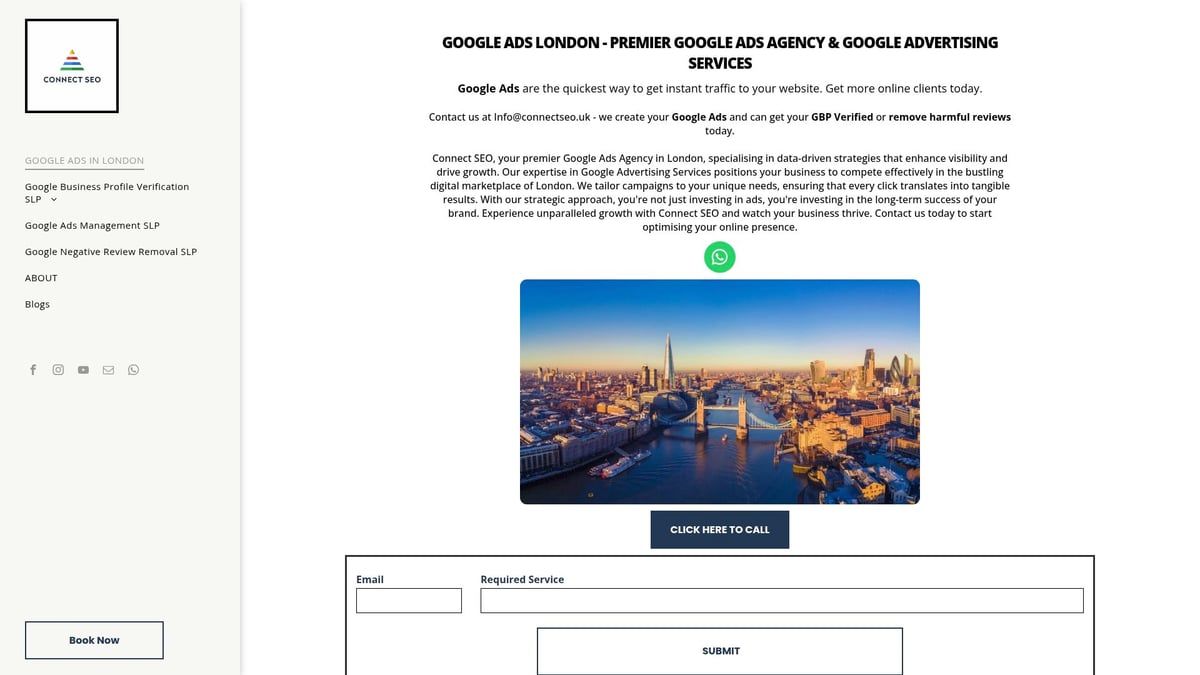 London skyline at sunrise, with Tower Bridge in the center. Blue sky with orange and yellow hues.