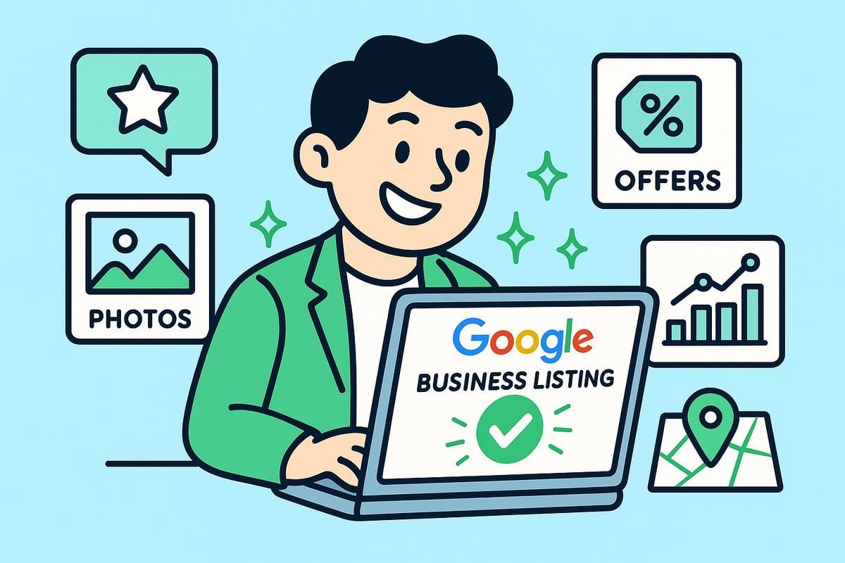 Man using laptop with Google Business Listing, surrounded by icons: reviews, photos, offers, analytics, and map.