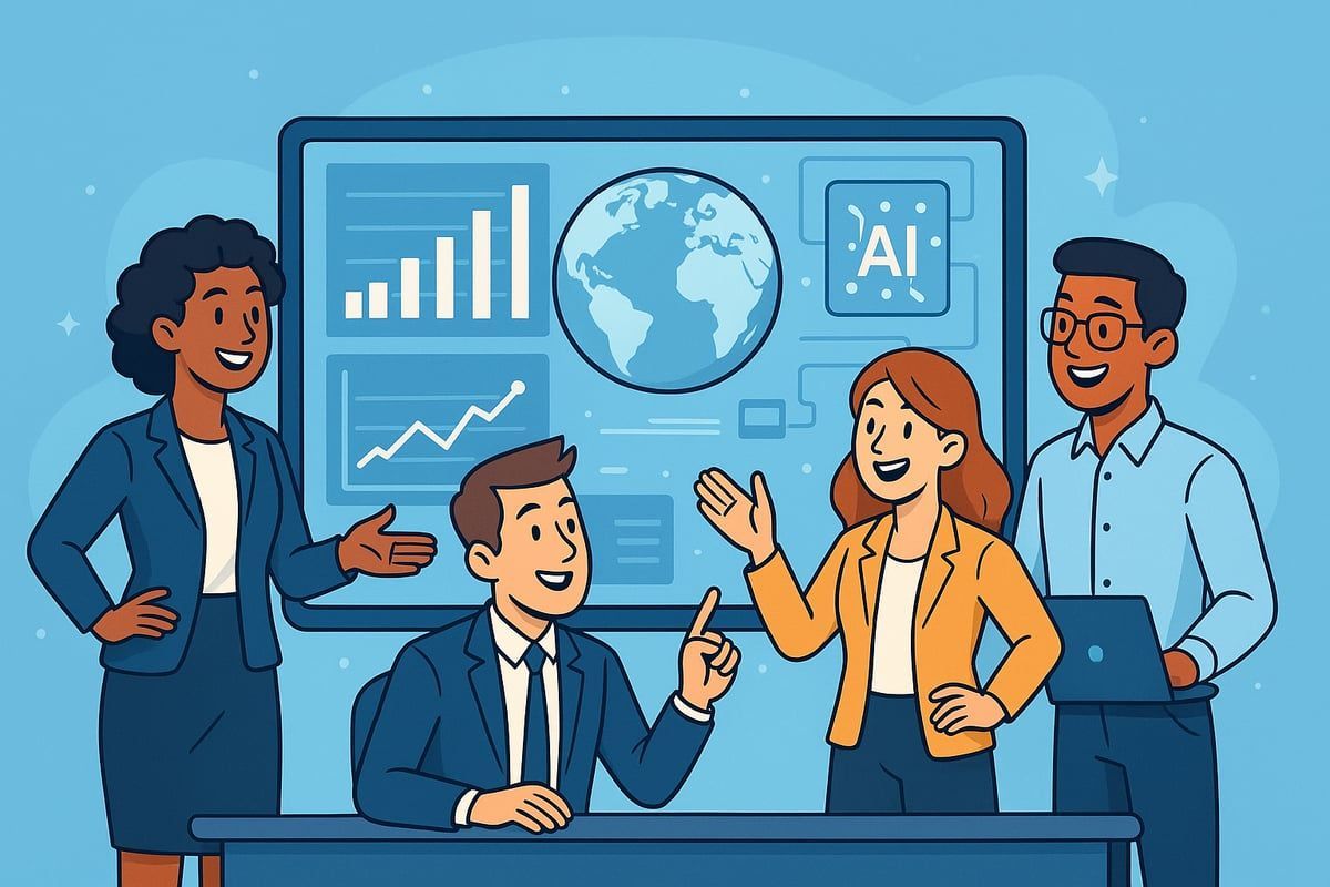 Team collaborating in front of a digital screen with graphs, globe, and AI symbol.