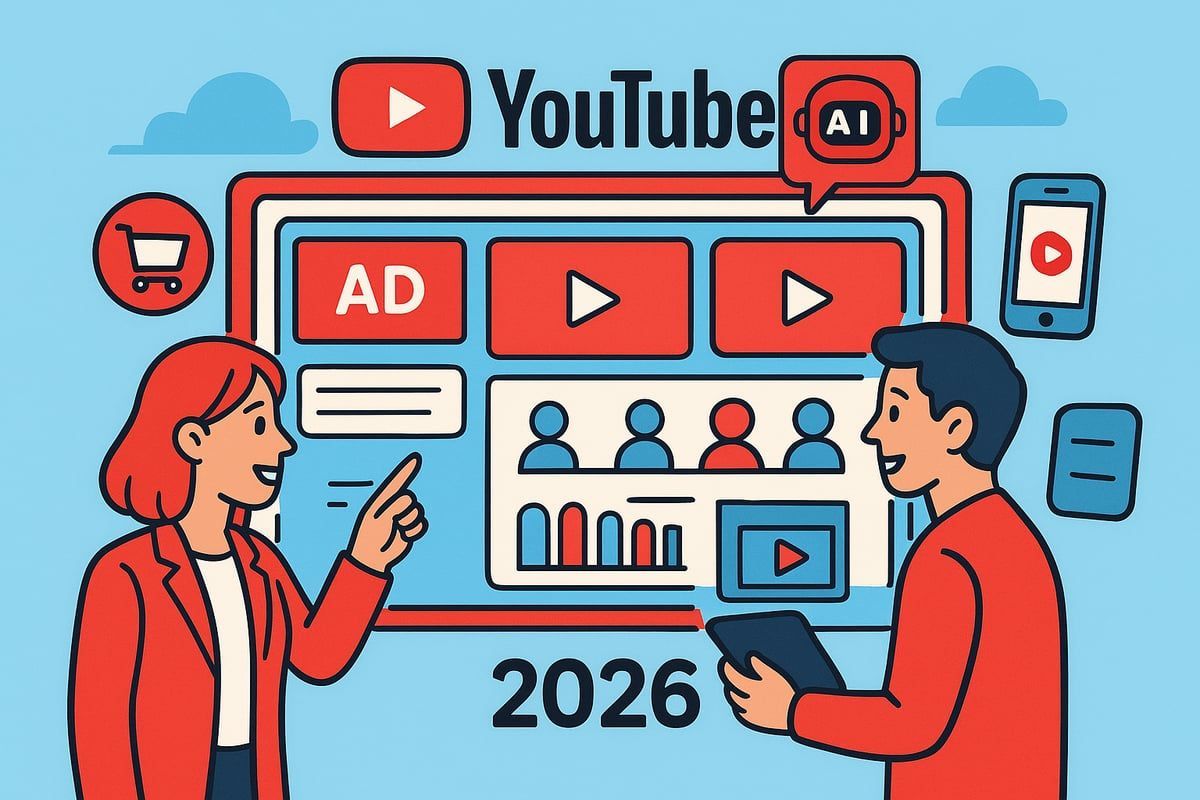 Two people discussing YouTube ads on a screen with 