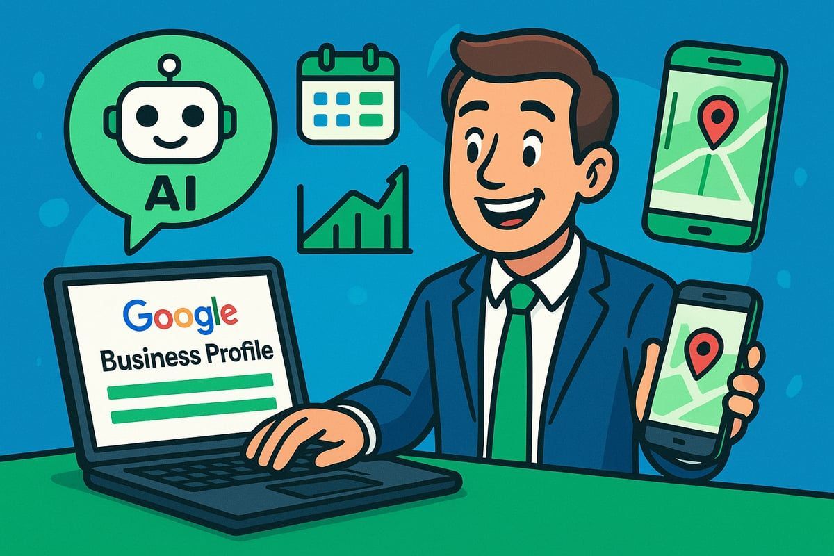 Man with laptop and phone, using Google Business Profile. AI robot, calendar, growth chart, and map icons appear.