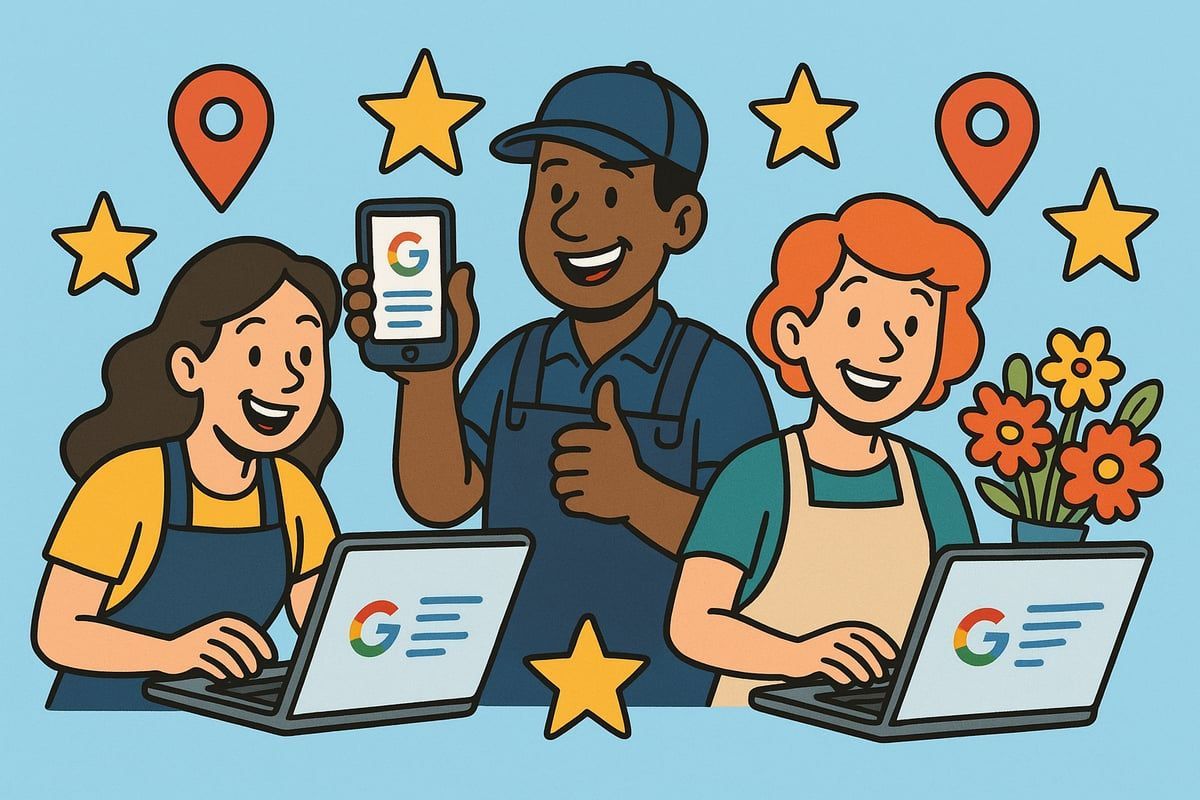 Three people smiling near laptops and phone, surrounded by location markers and stars, promoting Google business.