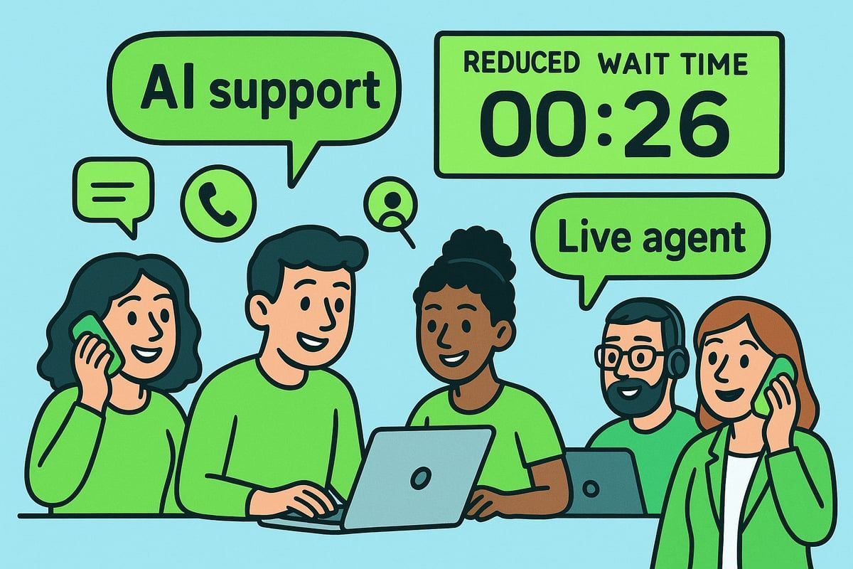 People with laptops and phones, assisted by AI, reducing wait time to 0:26 for live agent support.