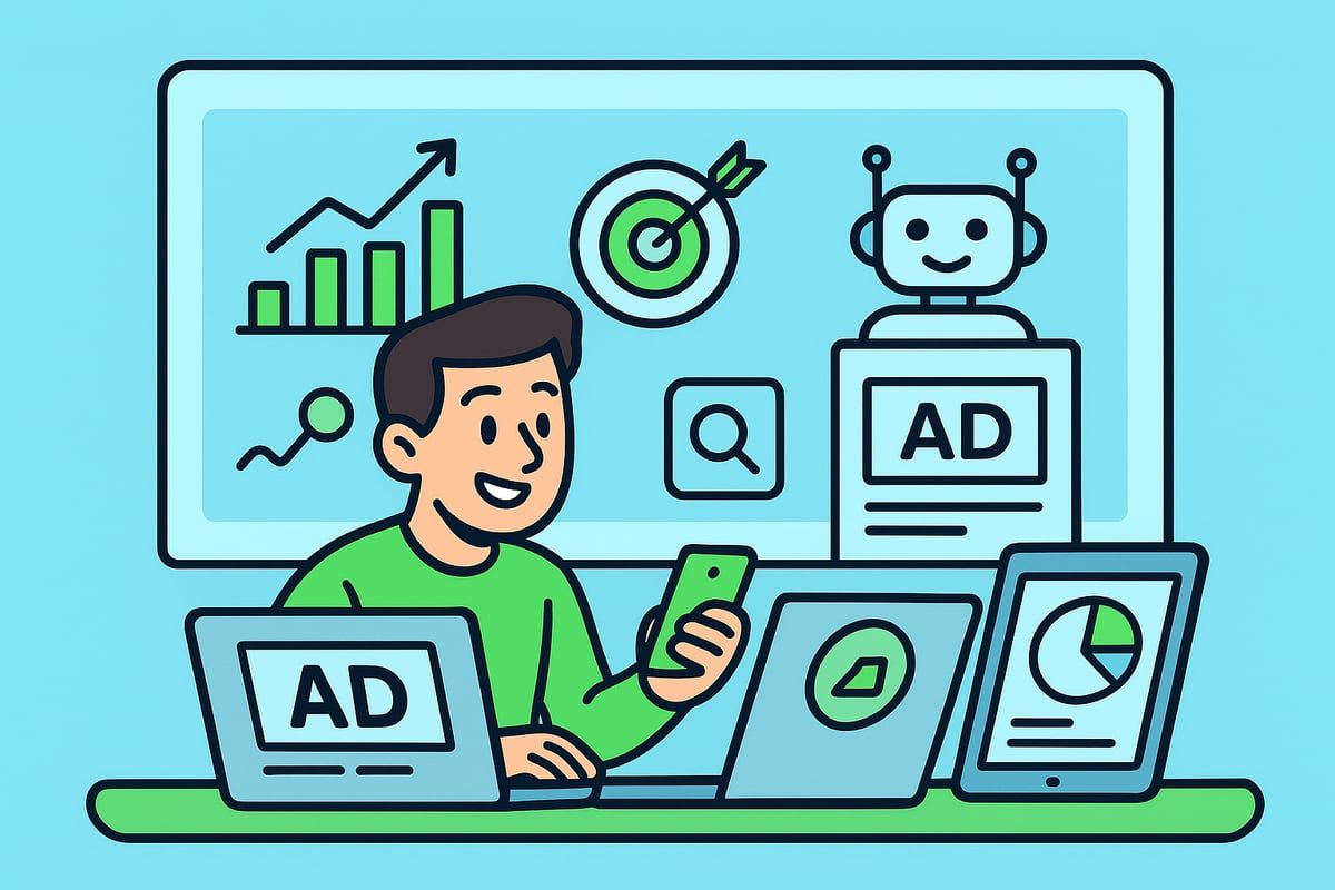 Man using devices for marketing, with charts, target, and AI robot in a blue setting.