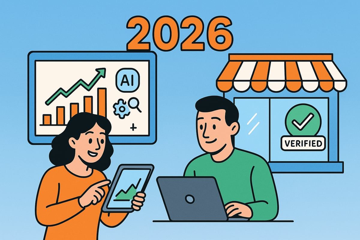Two people, a business front, and a chart with “2026”. One person uses a tablet with a graph. The other uses a laptop.