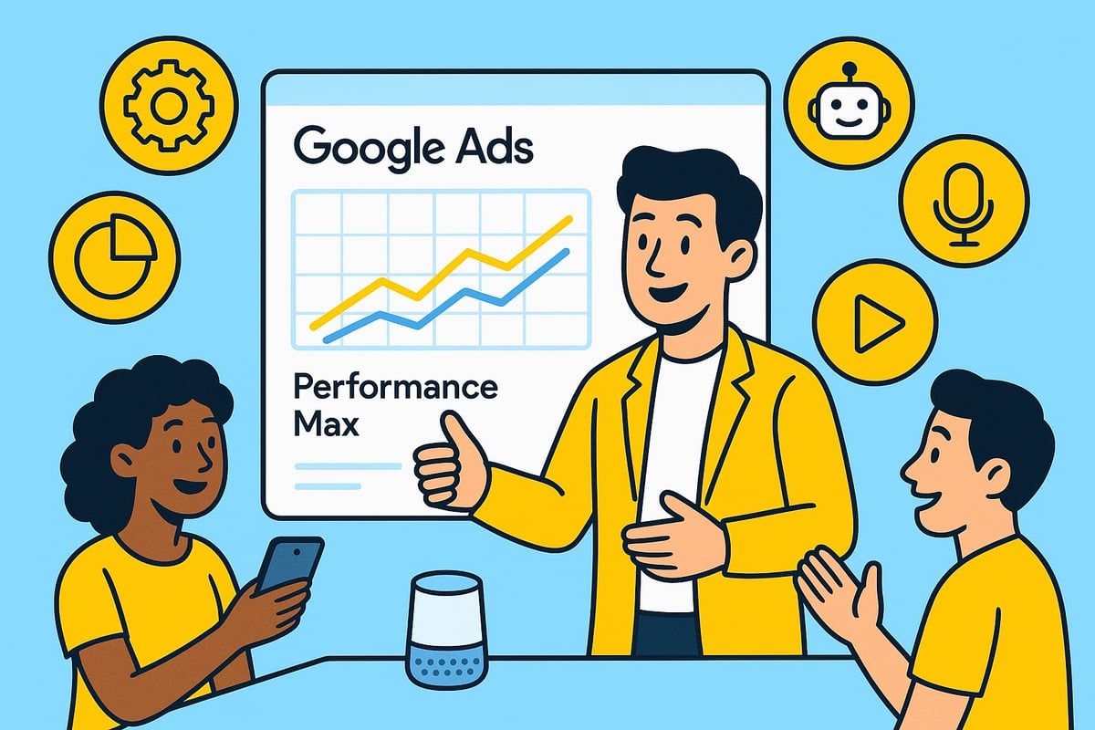 A man presenting Google Ads Performance Max data to two people, surrounded by icons, in a brightly colored setting.