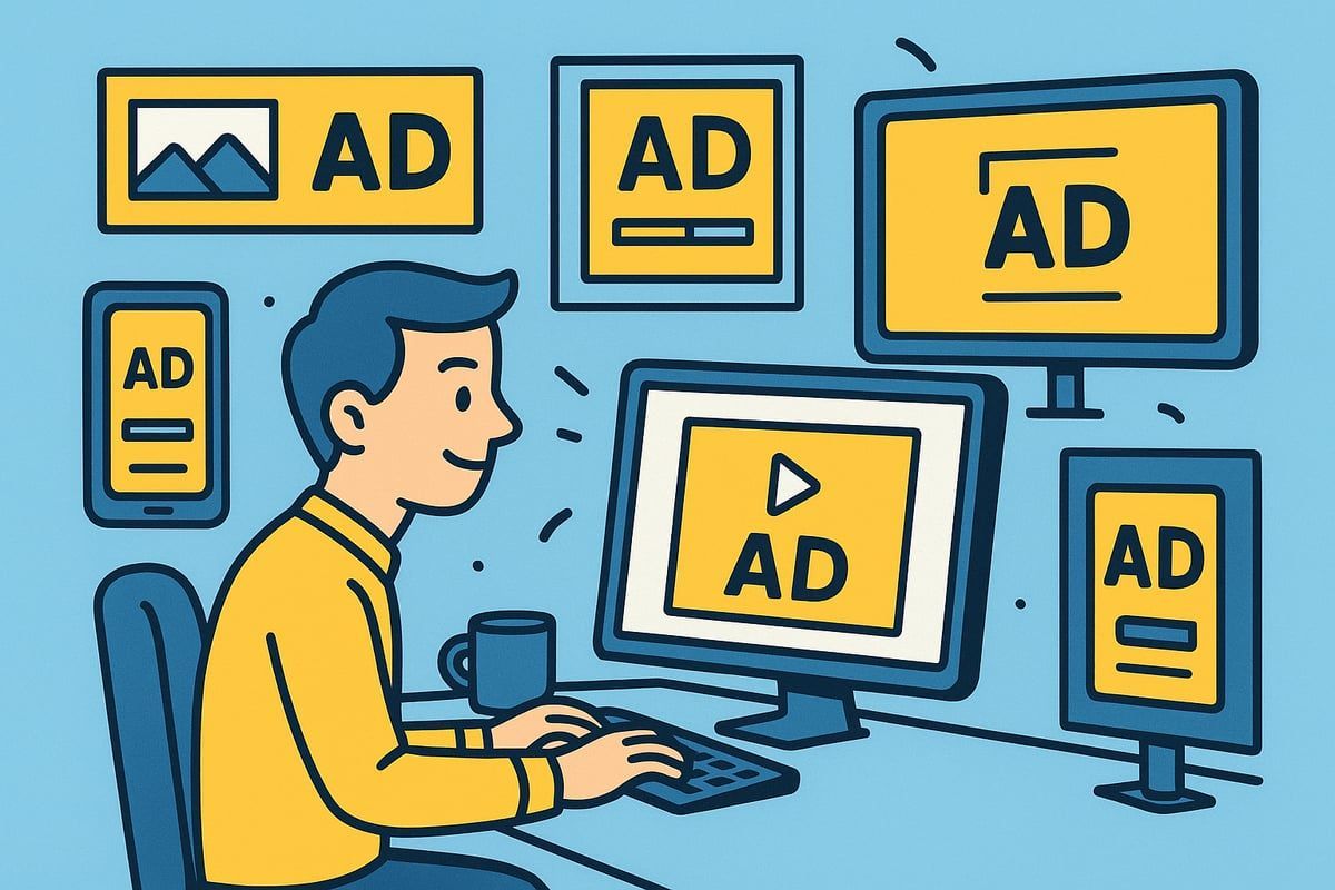 Man at computer creating ads for various screens; yellow and blue color scheme.