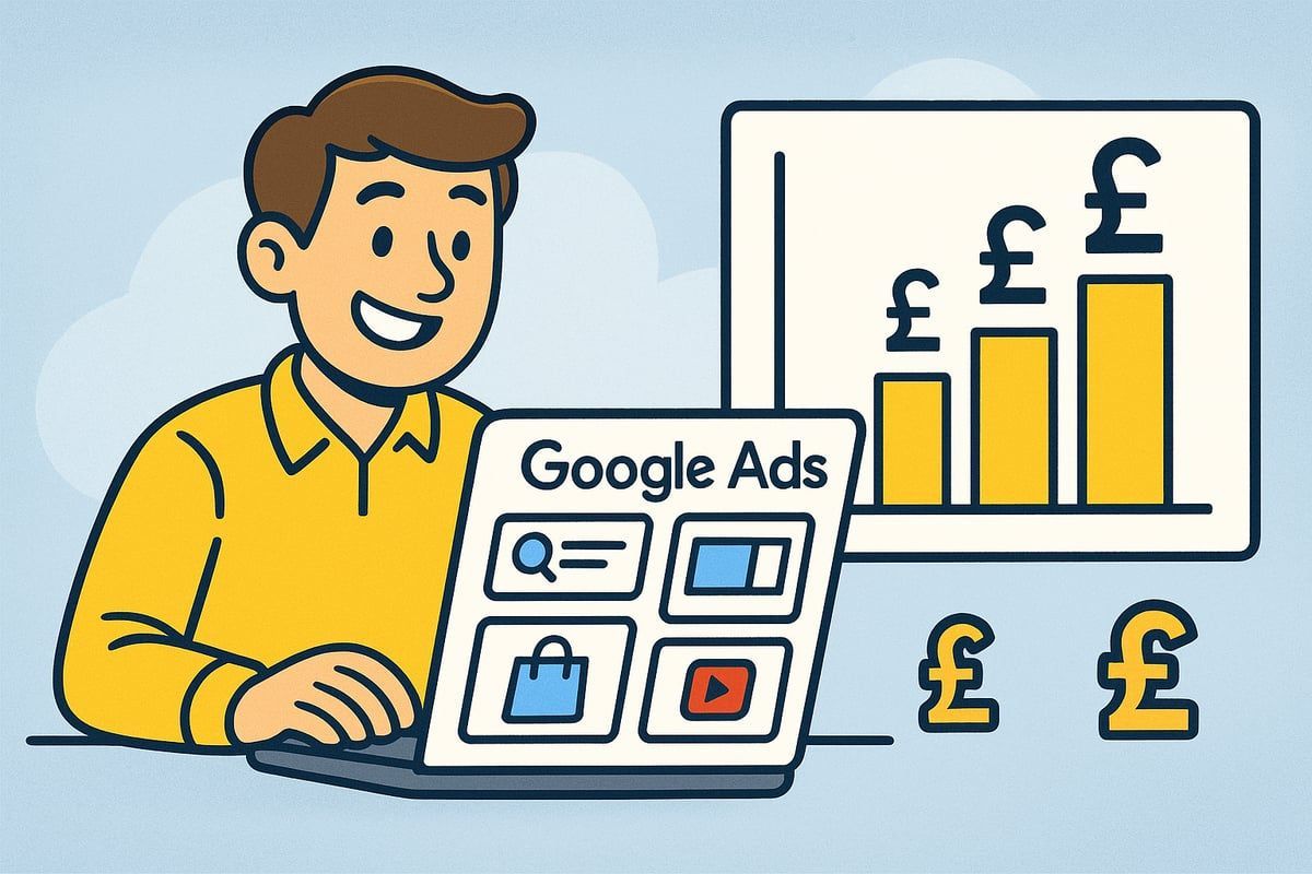 Man using Google Ads on laptop with a growing financial chart.