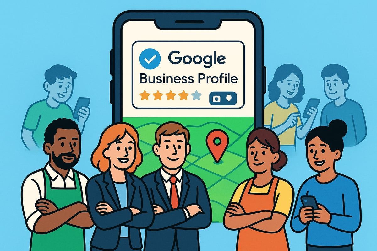People around a phone displaying a Google Business Profile.