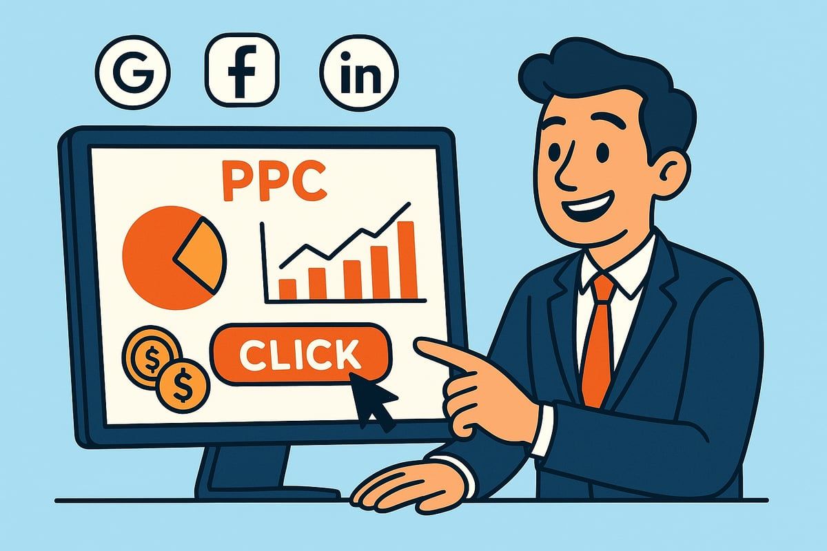 Man points to a computer screen with PPC data, social media icons overhead.