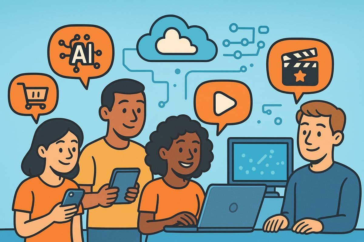 People interacting with technology, surrounded by AI, cloud, video, and shopping icons.